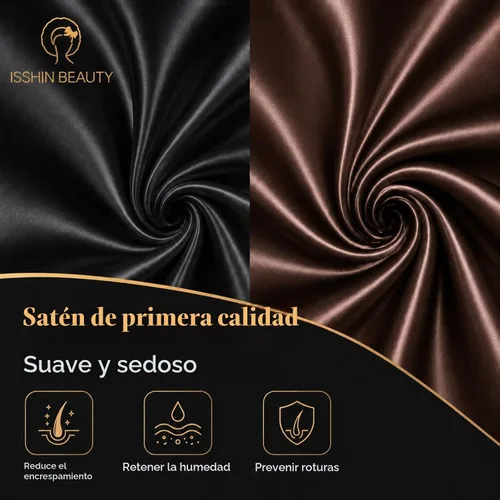 Vista 7 de Isshin Beauty Gorro de satén para mujeres durmientes: doble manga 2 en 1, protector de pelo largo antiencrespamiento Negro y café