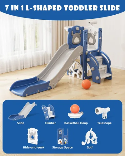 Vista 2 de YUFU Tobogán 7 en 1 para Niños para Niños Pequeños, Conjunto de Juego de Tobogán para Niños Pequeños con Golf, Escalador, Aro de Baloncesto