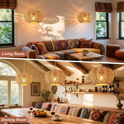 Vista 5 de Luces Colgantes con Cable de Enchufe, Lámpara Colgante de Ratán, Luminarias de Techo Boho, Lámpara Colgante de Estilo Rústico para Sala de Estar