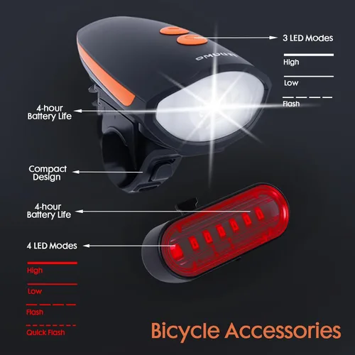 Vista 2 de Kunhe Rechargeable Bicycle Front and Rear Lights with Horn 1200mah Battery 120dB Bicycle Bell 150 lumens 3 Light Modes 5 Horn Modes Suitable for