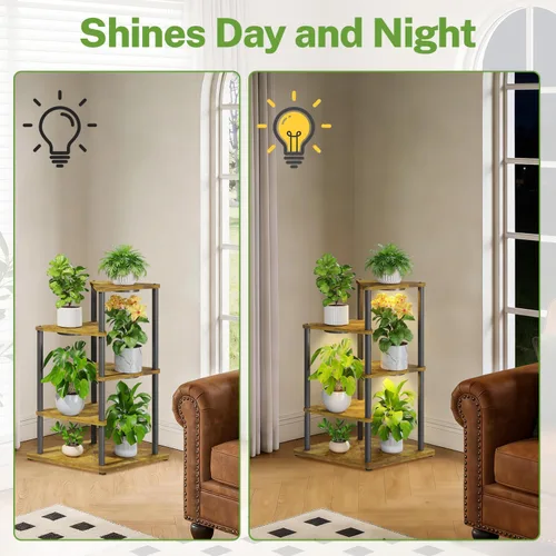 Vista 8 de iDavosic.ly Soporte alto para plantas con luces de cultivo para macetas grandes y resistentes, estante de flores de esquina interior de 4 niveles