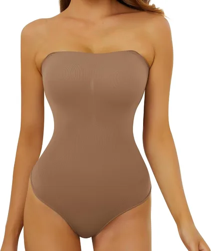 Vista 9 de Body sin tirantes para mujer, traje de tanga con control de abdomen Beige