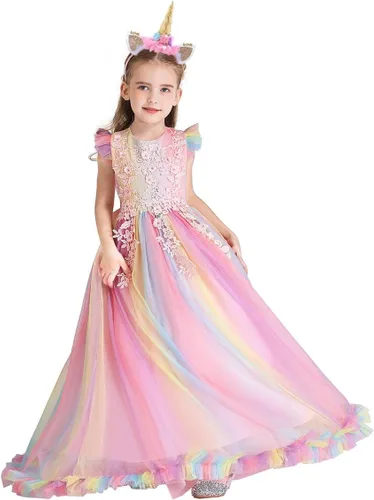 Vista 2 de Vestido de tul de unicornio arcoíris para niñas, vestido de princesa para cumpleaños, Halloween, Navidad, concurso de baile, fiesta de baile