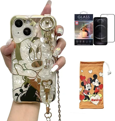 Vista 11 de Funda de dibujos animados para iPhone 7/8/SE de 4.7" con protector de pantalla HD, Mickey Mouse con correa de muñeca, soporte, cadena de metal