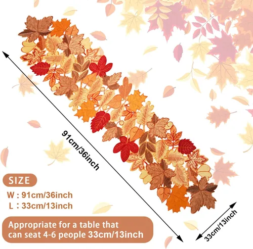 Vista 7 de Camino de mesa de otoño de 36 pulgadas de largo con hojas de arce bordadas para cosecha de Acción de Gracias, decoración de comedor con patrones