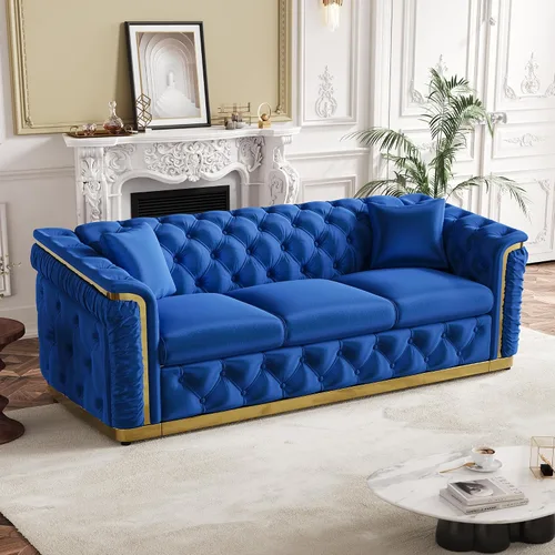 Vista 22 de Sofá de dos plazas Chesterfield de terciopelo de 62.2 pulgadas, sofá de lujo blanco y dorado, beige Gris