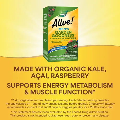 Vista 5 de Nature's Way Alive! Garden Goodness Multivitamínico para hombre, una porción de verduras y frutas (1), vitaminas B de alta potencia, 60 tabletas