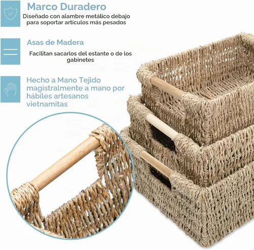 Vista 4 de VATIMA Cestas de hierba marina con asas de madera, juego de 3 cestas decorativas de mimbre natural para cocina junco marino