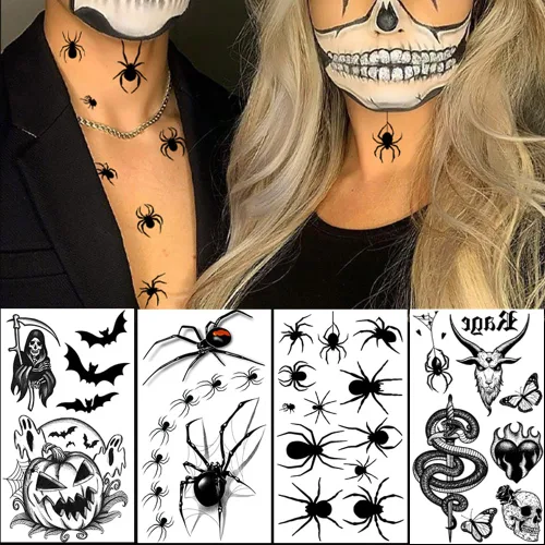 Vista 4 de 10 hojas de tatuajes temporales de Halloween para mujeres y hombres, calavera negra de terror, fantasma, araña, tatuajes falsos 3D, calcomanías