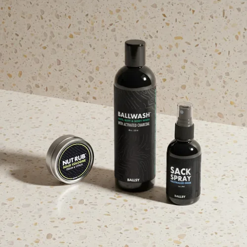 Vista 2 de Ballsy Paquete de saco, kit fresco para hombre, incluye gel de baño, spray desodorizante y colonia frotar, cuidado corporal para hombres, paquete