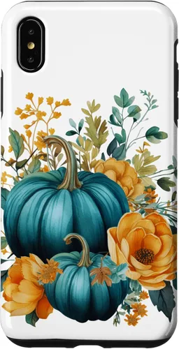 Vista 11 de iPhone 16 Teal Autumn Pumpkin Floral Fall Harvest Foliage Case