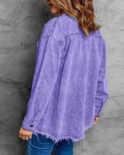 Vista 2 de Vetinee Chaqueta de mezclilla de gran tamaño con botones y dobladillo deshilachado para mujer