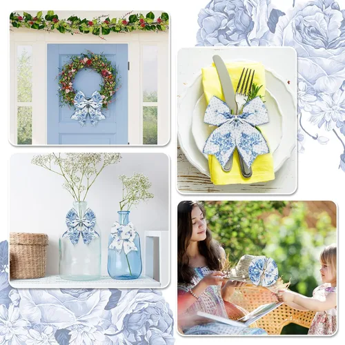 Vista 7 de AnyDesign Cinta blanca y azul con borde con alambre, diseño de mariposas y flores, 24 yardas, 2.5 pulgadas, cintas de tela de flores azules