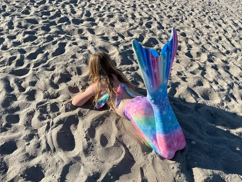 Vista 5 de DNFUN Colas de sirena para nadar para niñas, traje de baño de sirena con monoaleta