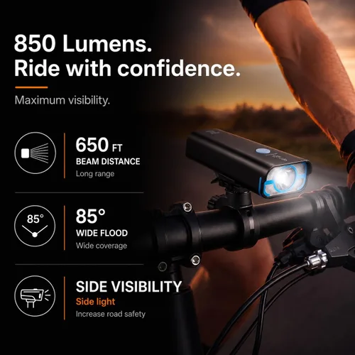 Vista 3 de BrightRoad 850 Lumens Front Bike Light, Rechargeable Bike Headlight with 7 Modes, MTB Bicycle Light for Night Riding, 85° Wide Beam, 650ft