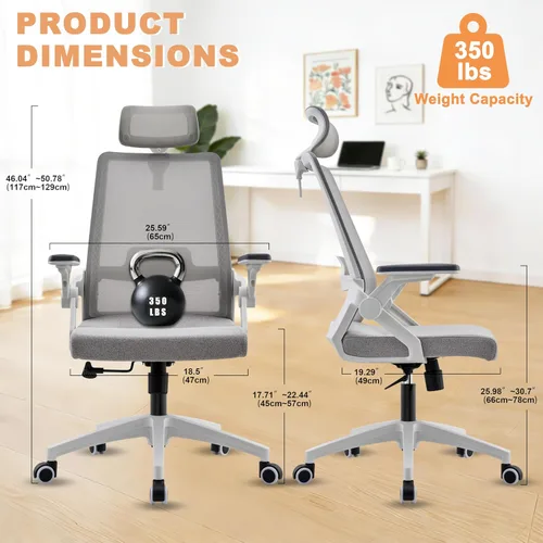 Vista 3 de Silla ergonómica para computadora de oficina para comodidad durante todo el día, soporte lumbar dinámico y reposacabezas ajustable, silla