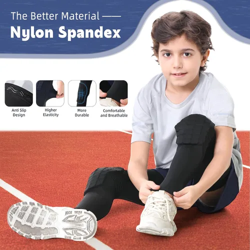Vista 3 de Newbyinn Rodillera para Niños y Jóvenes 1 Par, Manga de Compresión de Rodilla y Pierna Acolchada Negra para Baloncesto Fútbol Americano Voleibol