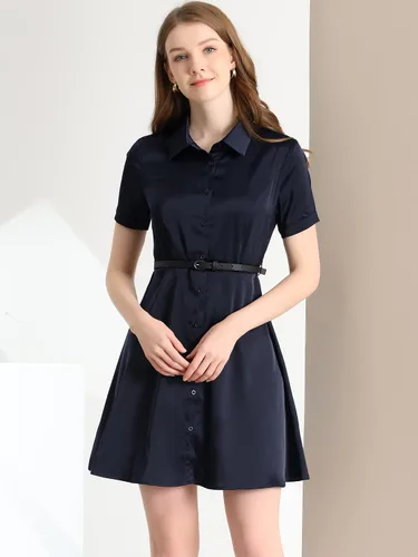 Vista 2 de Allegra K Vestido elegante de satén para mujer de manga corta con botones y cinturón, M