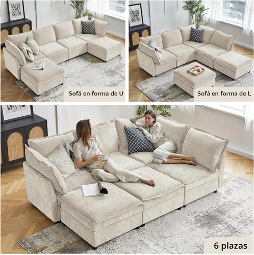 Vista 7 de HULALA HOME Sofá seccional modular, sofá grande en forma de U de 8 asientos con otomano de almacenamiento, sofá cómodo de chenilla con asiento