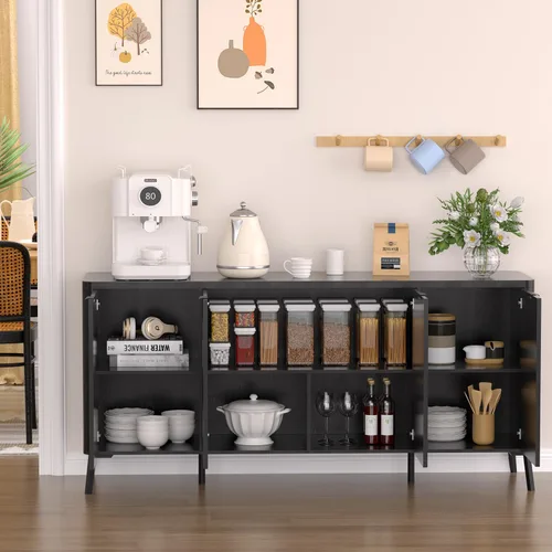Vista 5 de Armario buffet, aparador grande de 63 pulgadas con almacenamiento, aparador moderno acanalado con 4 puertas, gabinete de almacenamiento de madera
