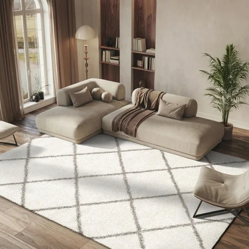 Vista 18 de SAFAVIEH Hudson Shag Collection - Alfombra decorativa de 2 x 3 pies, color beige y marfil, diseño moderno de enrejado, no desprende pelusa