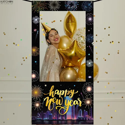 Vista 8 de KatchOn, Marco de cabina de fotos de Año Nuevo, grande, 74 x 36 pulgadas, marco de cabina de fotos de feliz año nuevo, suministros de fiesta de Año
