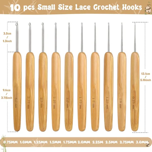Vista 5 de Katech 10 ganchos de ganchillo ergonómicos para ganchillo, mango de madera de bambú, gancho de ganchillo de tamaño pequeño (0.030-0.118 in), hilo