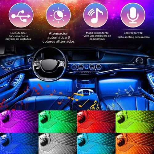 Vista 2 de Tira de luces LED para automóvil, 4 unidades de 48 luces LED USB para interiores, tira de luces multicolor de música para automóvil, kit