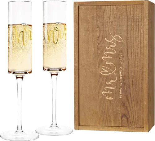 Vista 18 de AW BRIDAL - Juego de 2 copas de champán de aniversario con caja de madera Aniversario (marrón)