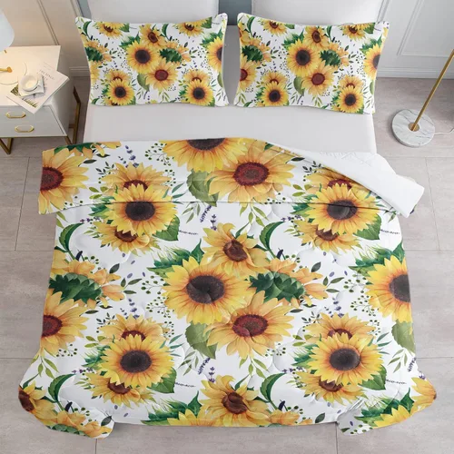 Vista 7 de Juego de edredón suave de lujo con diseño floral de girasol y hojas verdes, 1 edredón y 2 fundas de almohada Hoja verde