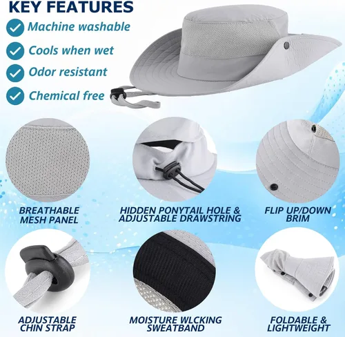 Vista 3 de Cooling Sun Bucket Hat, UPF 50+ Wide Brim Boonie Hat with Ponytail Hole 01 Gris claro