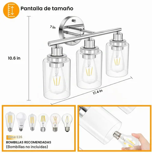 Vista 2 de Accesorios de Iluminación de Baño Watyo, Lámpara de Tocador Cromada, Plata, 3 Luces, Apliques Modernos para Baño con Pantallas de Vidrio