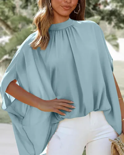 Vista 3 de BTFBM Blusas de verano para mujer, cuello alto falso, manga murciélago, holgadas, dobladillo alto y bajo, blusas informales de gran
