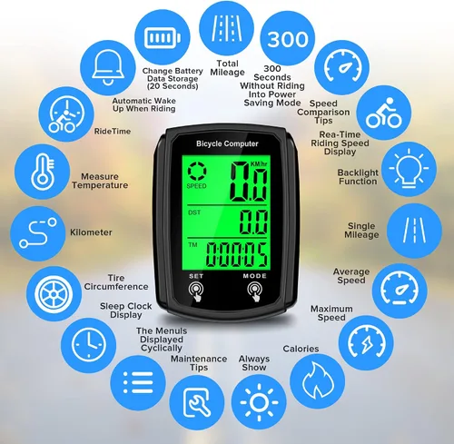 Vista 2 de Computadora de bicicleta y odómetro de bicicleta con cable MPH KM/H Velocímetro de bicicleta con despertador automático de velocidad de ciclismo