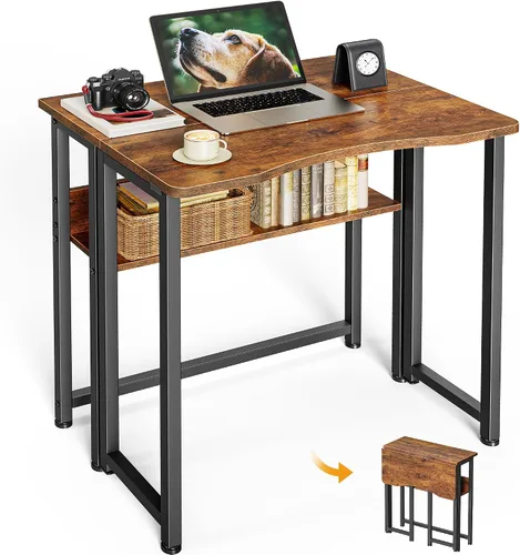 Vista 10 de Huuger Escritorio Plegable con Estante de Almacenamiento, Mesa de Computadora Plegable de 31.5 Pulgadas para Espacios Pequeños, Mesa de Sofá que