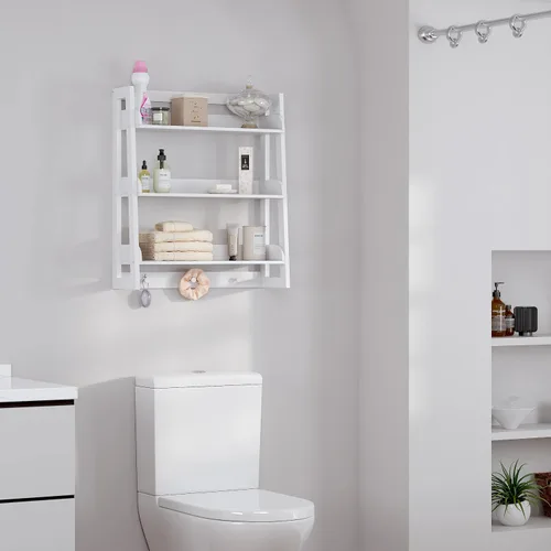 Vista 4 de UTEX Estante de pared para baño, organizador de estante de almacenamiento sobre el inodoro, estante de montaje en pared de 3 niveles con gancho