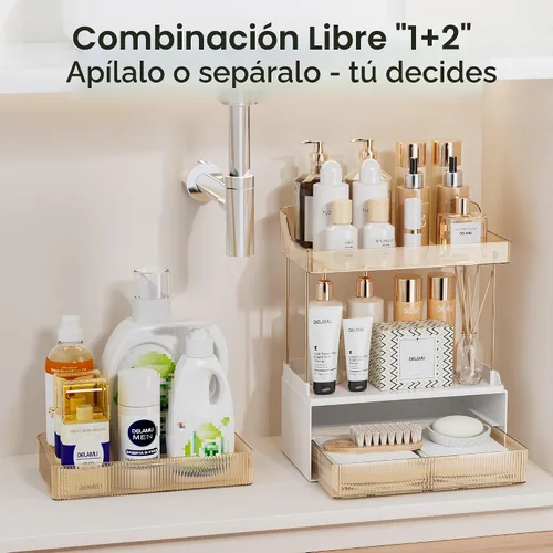 Vista 6 de Delamu Organizador y almacenamiento de baño, 2 niveles y 2 cajones, organizador de maquillaje, fácil de instalar, ideal para encimera de baño, Ámbar