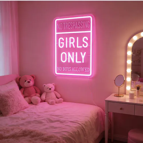 Vista 3 de Luz de neón "Girls Only", arte de pared LED para habitación de niñas, club, cueva, dormitorio, rincón de estudio o espacio de reunión de mejores