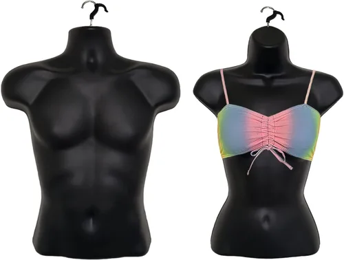 Vista 3 de Juego de maniquí negro macho + hembra con espalda hueca con soporte acrílico con poste de metal, tamaños S-M (10)