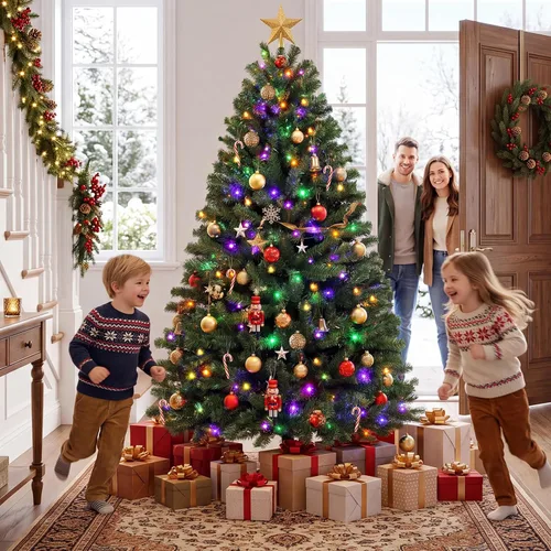 Vista 4 de Árbol de Navidad artificial preiluminado con control remoto, 6 pies Luces verdes y de cambio