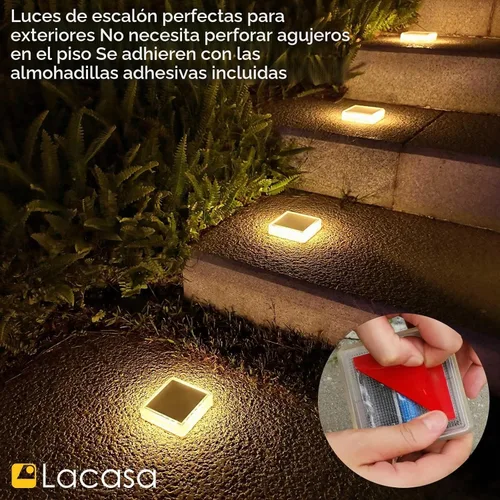 Vista 3 de Lacasa – Luces de terraza solares, paquete de 4 luces LED de 30LM para muelle, blanco cálido 2700K, luces de escalones exteriores alimentadas por