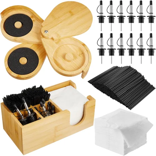 Vista 8 de Mifoci Herramienta de Barman Rimadora de Vasos de Madera de Acacia de 3 Niveles con 12 Vertedores Clásicos de Acero Inoxidable para Botellas