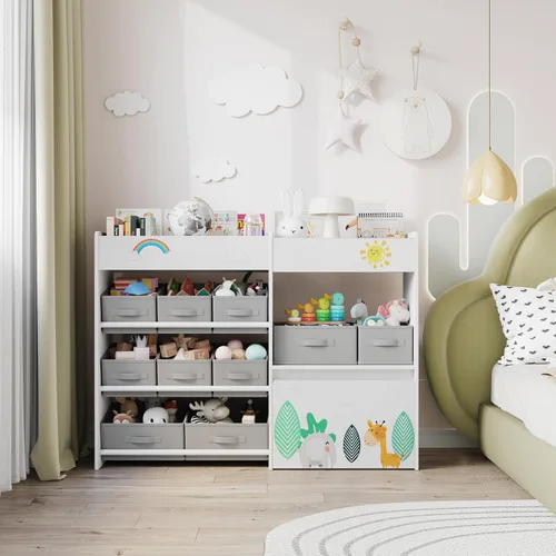 Vista 4 de BOTLOG Estantería infantil con contenedores de tela y baúl de juguetes móvil, organizador de almacenamiento de juguetes para niños, estantería