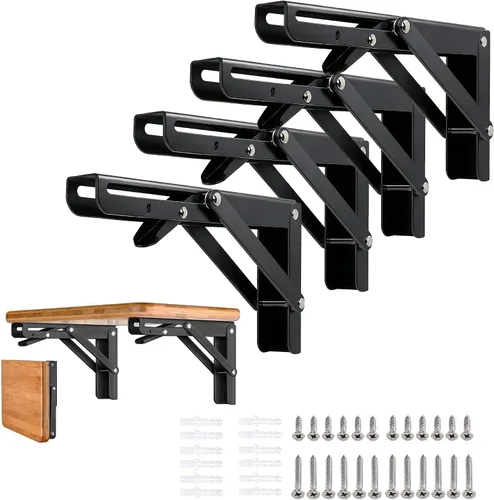 Vista 10 de Soportes plegables para estantes – 8 pulgadas, 2 piezas de metal resistente, soporte de estante plegable montado en la pared, ahorro de espacio