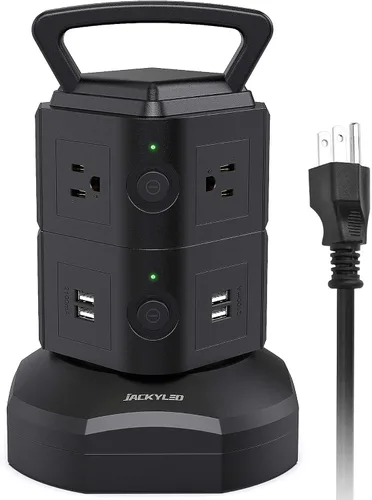 Vista 10 de Regleta de alimentación con protector de sobretensión de torre, JACKYLED 16 tomas 6 USB (2 USB C) estación de carga, cable de extensión con Negro