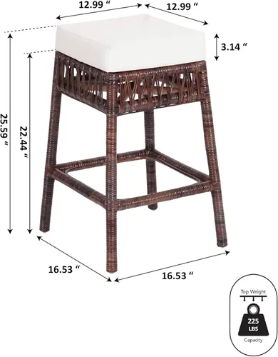 Vista 3 de JONATHAN Y Bali - Taburete de mimbre tejido de 25.6 pulgadas con cojín, taburete bohemio marrón oscuro con reposapiés para isla de cocina, bar