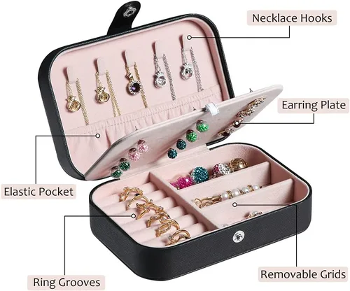 Vista 2 de Joyero de viaje, organizador de joyas pequeño de piel sintética para mujeres y niñas, mini estuche de viaje portátil, cajas de almacenamiento
