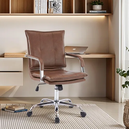 Vista 16 de MOJAY Silla de escritorio ergonómica de cuero con respaldo medio, moderna silla tapizada para computadora, silla de oficina ejecutiva con brazos
