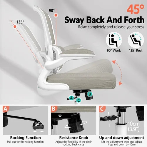 Vista 6 de BESTFAIR Silla de oficina ergonómica de malla, silla de escritorio de malla transpirable, soporte lumbar ajustable, reposabrazos abatibles, silla