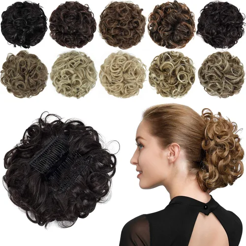 Vista 11 de Rose bud Postizo de Moño Rizado Extensiones de Moño Coletero Peinado Recogido Peinetas Sintéticas en Moño Desordenado Postizo de Cabello